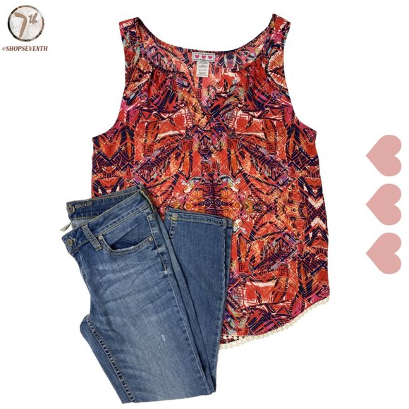 Anthropologie Tops - Three Hearts Orange Geo Print Boho Fringe Blouse